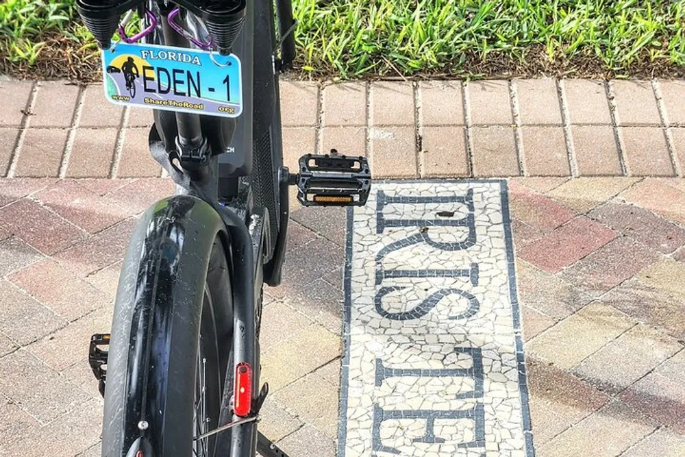 The image shows a close-up rear view of a black bicycle with a Florida license plate that reads EDEN-1 parked beside a mosaic tile path that says PUSH on the ground