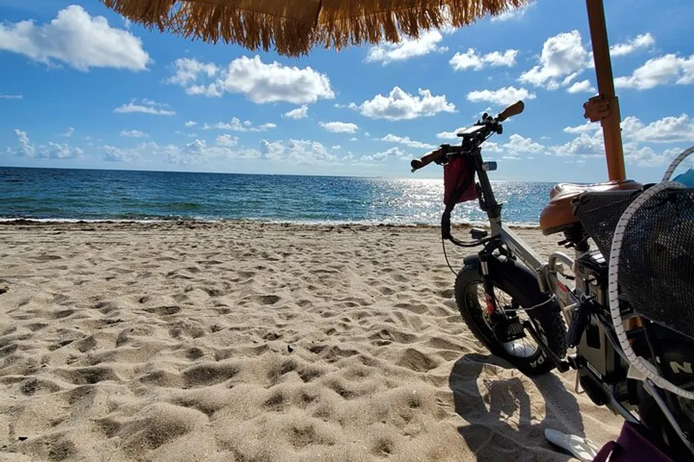 A bicycle is parked under a straw sunshade on a sandy beach with the ocean in the background