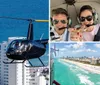 A helicopter with passengers is flying close to high-rise buildings near a beachfront