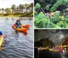 A group of people are enjoying a sunny day kayaking on a calm waterway lined with lush greenery and palm trees