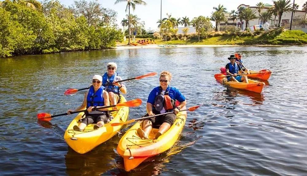 A group of people are enjoying a sunny day kayaking on a calm waterway lined with lush greenery and palm trees