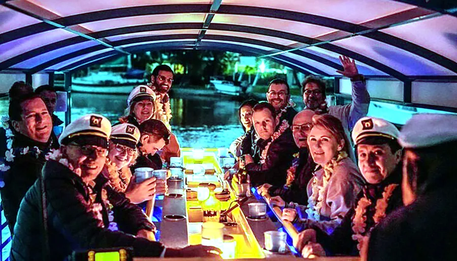 A group of people wearing captain's hats and festive leis are enjoying a social gathering on a boat with an illuminated table at night.