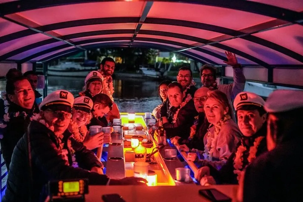 A group of smiling people are sitting at a table on a boat with a transparent roof illuminated by ambient light suggesting a nighttime social or sightseeing event