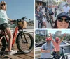 A man and a woman are smiling and posing with their bicycles on a sunny pier suggesting a leisurely day out