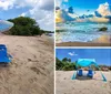 Two blue beach chairs and a cooler are set beneath a patterned umbrella on sandy beach terrain with vegetation in the background