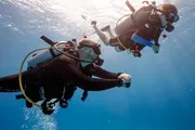 Three scuba divers are submerged in clear blue water, equipped with diving suits and breathing apparatuses, seemingly exploring the underwater environment.