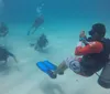 Two scuba divers are exploring underwater equipped with diving gear and fins
