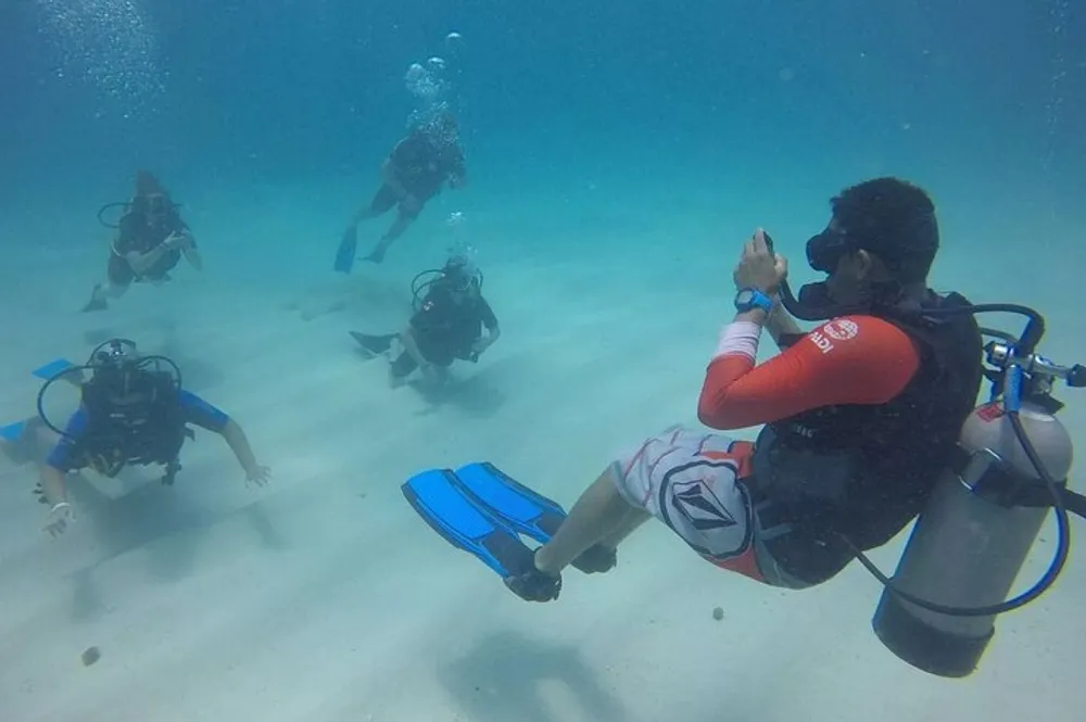 A group of divers is exploring underwater with clear visibility of the sandy ocean floor