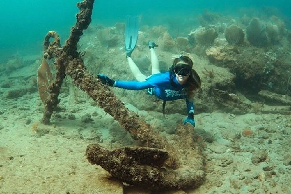 A diver in blue is examining a large encrusted anchor on the ocean floor amidst clear water and marine life