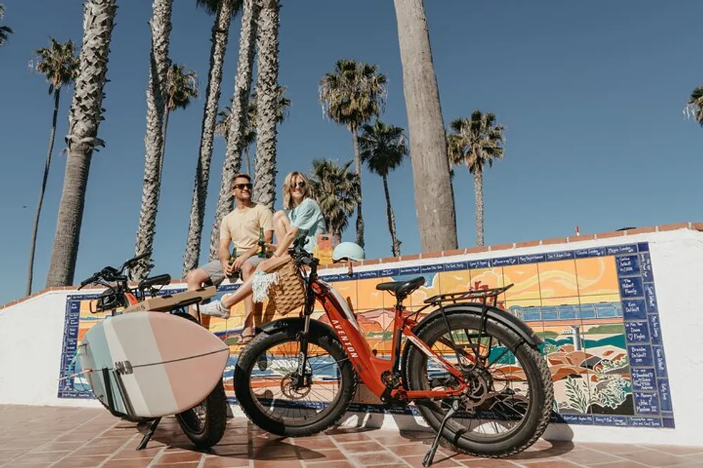 A couple sits relaxed on a low wall beside two electric bicycles and a surfboard with a backdrop of palm trees and a ceramic tile mural under a sunny clear blue sky