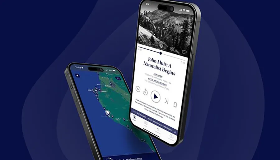 Two smartphones are displayed against a blue background, one showing a map application and the other featuring a multimedia guide about John Muir, a naturalist.