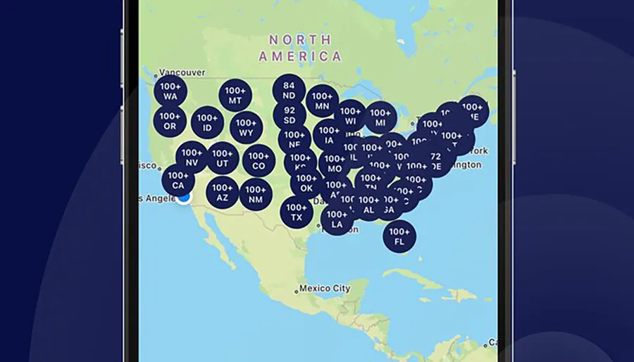 The image shows a map of North America with markers indicating over 100 potential locations in various states and provinces, possibly representing data points such as service locations, incidents, or points of interest.