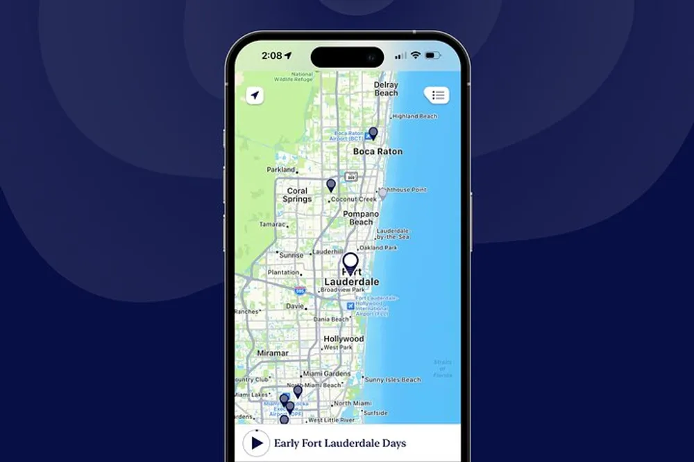 The image shows a smartphone displaying a map application with the geographical area around Fort Lauderdale Florida