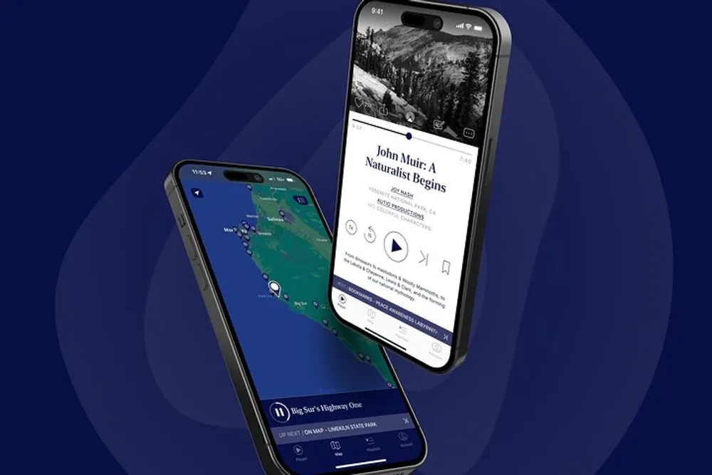 The image displays two smartphones with their screens on showing a mapping application on one and multimedia content about John Muir on the other set against a dual-tone blue background
