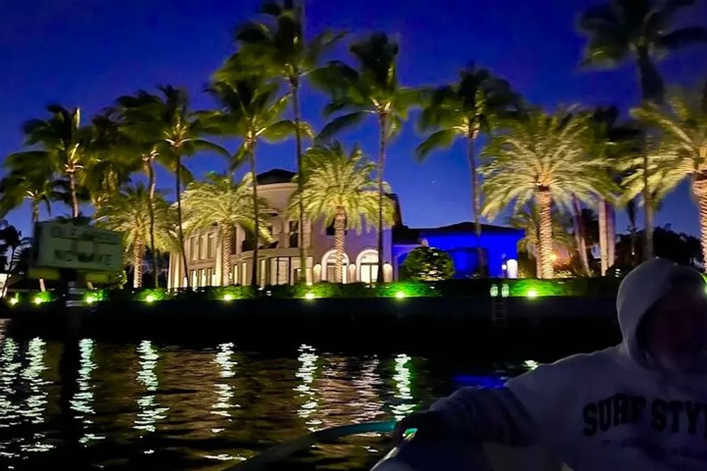 A person in a hoodie is seen in the foreground on a boat at night with a luxurious mansion illuminated by green lights and surrounded by palm trees in the background
