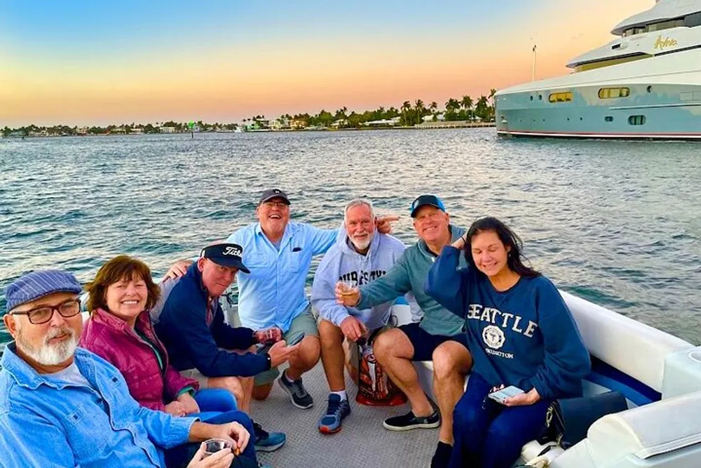 A group of six people is sitting on a boat smiling and enjoying each others company during a colorful sunset with a yacht and palm trees in the background