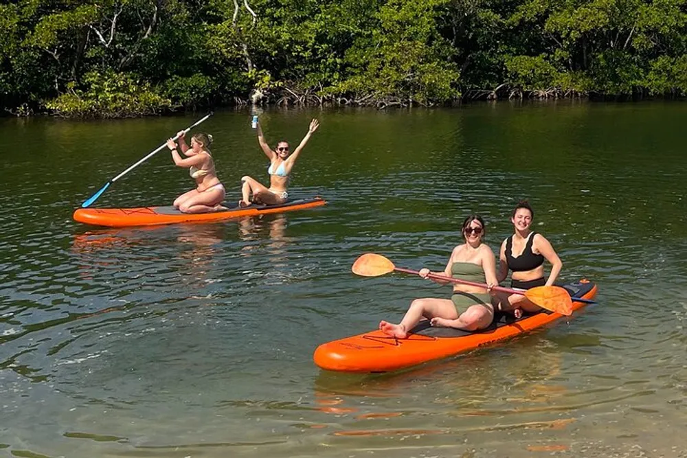 Four people are smiling and enjoying themselves while paddling on orange kayaks in a calm body of water surrounded by greenery