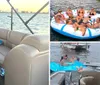 A group of women are relaxing and enjoying drinks on a large inflatable raft on the water