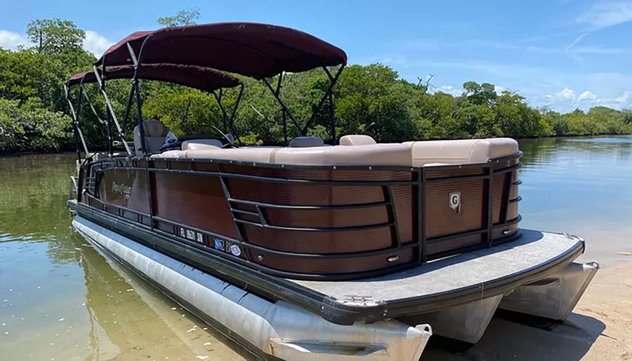A pontoon boat with a burgundy canopy is docked along a tranquil, tree-lined waterway under a clear blue sky.