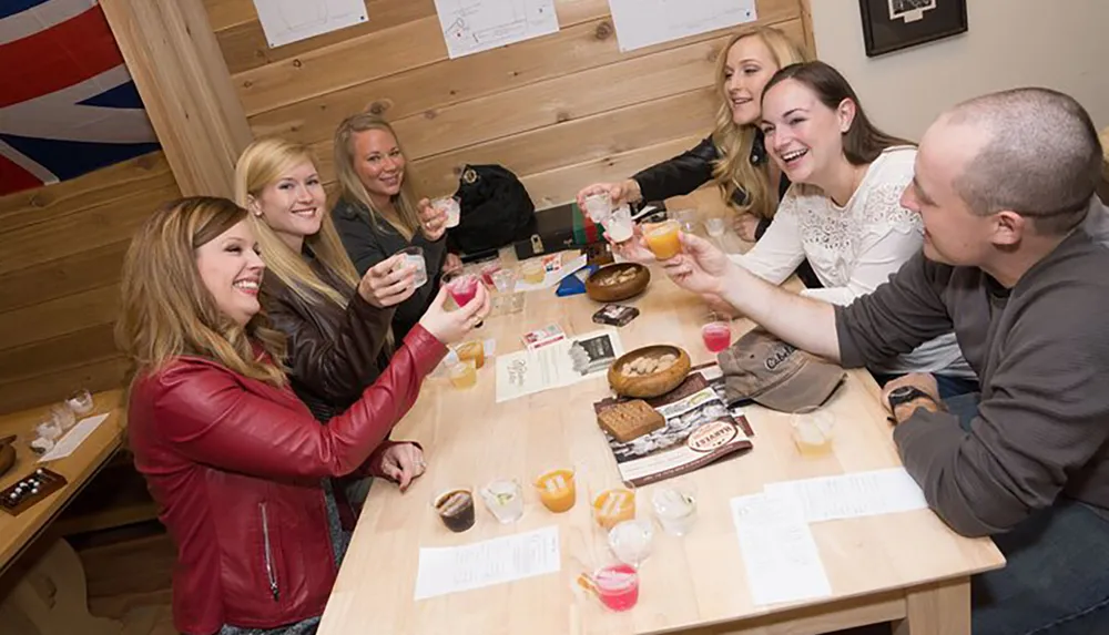 A group of people are sharing a toast with various drinks at a casual indoor gathering