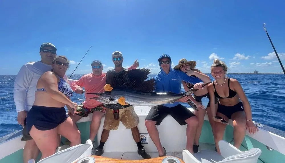 A group of people on a boat proudly display a large fish they caught suggesting a successful fishing trip