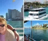 A sightseeing tour boat named ISLAND QUEEN is cruising along a waterway with passengers on board with tropical buildings and palm trees in the background