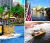 A water taxi with passengers is cruising along a river surrounded by lush tropical foliage