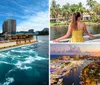 A person is looking towards a waterfront property lined with palm trees from a boat