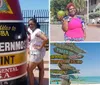 A person is posing next to the iconic Southernmost Point buoy in Key West Florida with the text 90 Miles to Cuba