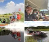 A group of people are enjoying a ride on an airboat gliding through a waterway likely in a swamp or wetlands area