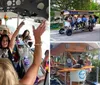 A group of people are socializing and pedaling together on a multi-passenger pedal-powered vehicle commonly known as a party bike or pedal pub on a suburban street