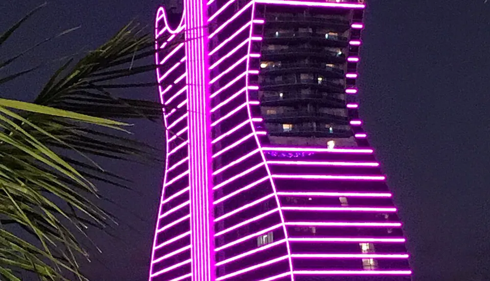 The image shows a modern building at night adorned with bright purple neon lights accompanied by the silhouette of a palm tree to the left