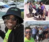 Three people are posing with two on Segways and one taking a selfie all smiling and having a good time near a fountain and yacht