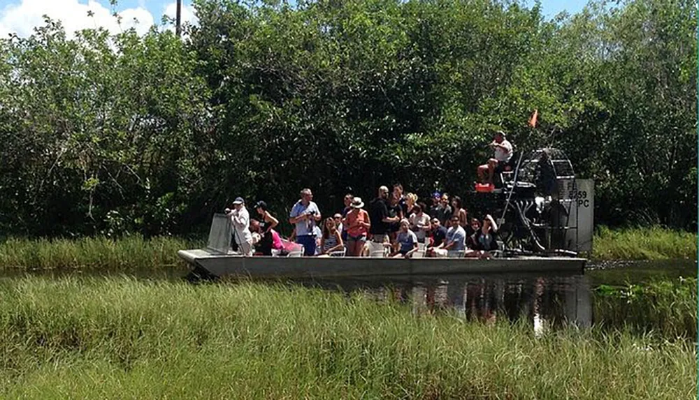 A group of tourists is enjoying a ride on an airboat in a grassy wetland