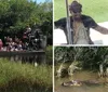 People are taking a tour on an airboat in a grassy wetland area