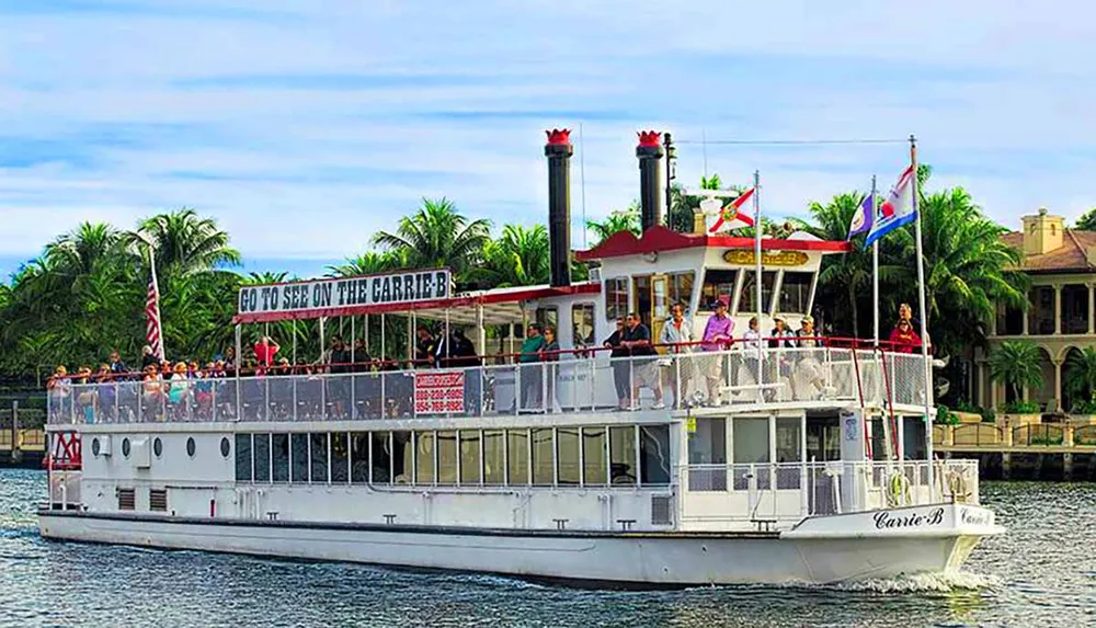 The image depicts a group of passengers enjoying a sightseeing tour on a paddlewheel boat named Carrie B