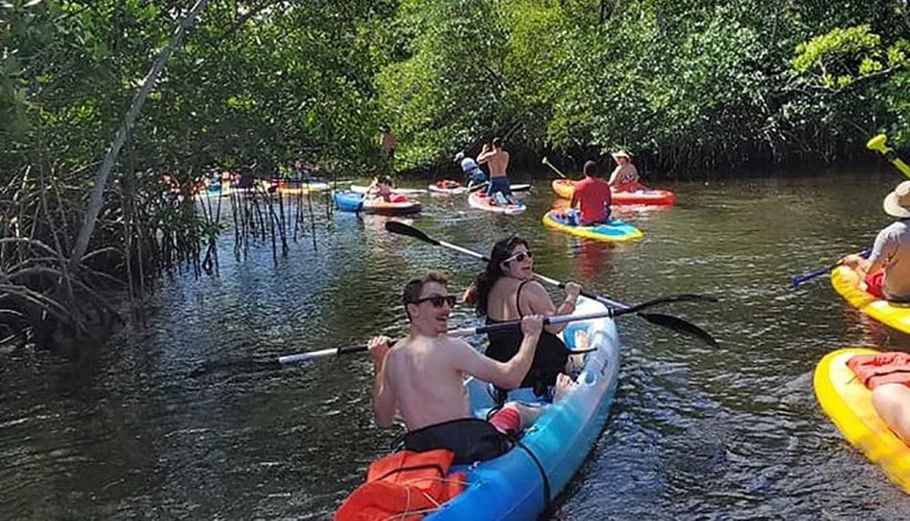 A group of people are enjoying a sunny day kayaking in a tree-lined waterway