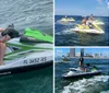 Three pairs of people are riding jet skis on a waterway with waterfront houses and buildings in the background