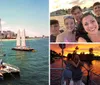 Five smiling women pose closely together for a photograph with a blurry sunset and city skyline in the background suggesting they are enjoying a social outing