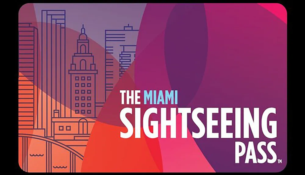 The image displays a graphic design of a promotional card for The Miami Sightseeing Pass with stylized illustrations of city buildings in the background