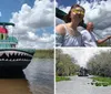 A person is standing on a pontoon boat designed to look like an alligator with its jaws open floating on calm water under a partly cloudy sky