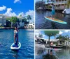 Three people are stand-up paddleboarding in a sunny waterway with boats and waterfront homes in the background