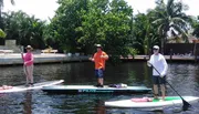 Three people are standing on paddleboards in a calm waterway with tropical vegetation and houses in the background.