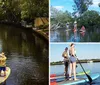 Two people are smiling and posing on stand-up paddleboards on a tranquil river surrounded by lush greenery