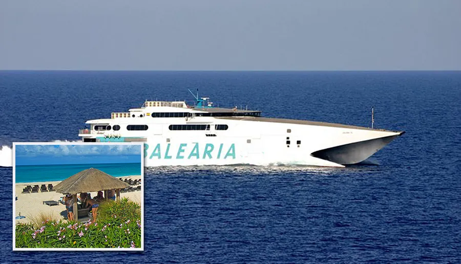 A high-speed ferry with the name BALEARIA on its side is cruising through blue waters.
