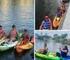 A group of smiling people are seated in colorful kayaks on calm water with two dogs also visible on the kayaks