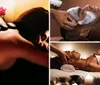 The image depicts a serene scene of a person receiving a head massage in a candlelit setting suggesting a relaxed and soothing spa experience