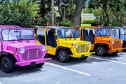 A lineup of brightly colored mini Moke cars parked under the shade of trees.