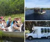 A group of people are seated in a flat-bottomed airboat on a tour with the guide standing on an elevated platform at the back