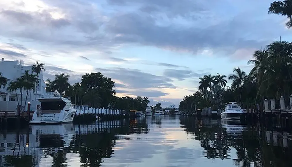 The image shows a tranquil canal flanked by palm trees and private docks with moored boats reflecting on the waters surface as dusk settles in the sky